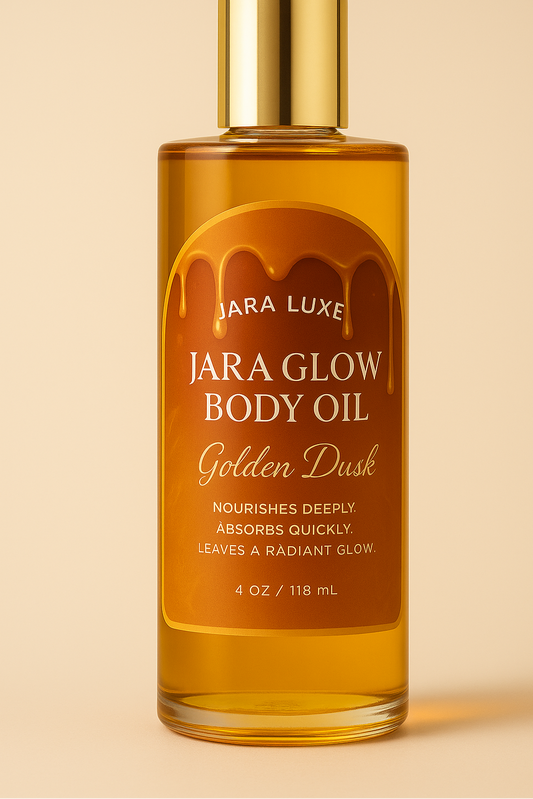 Jara Luxe Jara Glow Body Oil bottle on a beige background