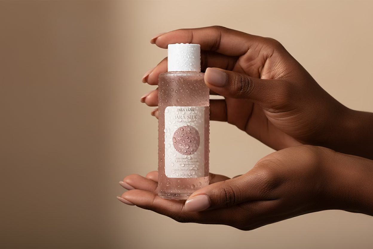 Small bottle with a label on a textured surface
